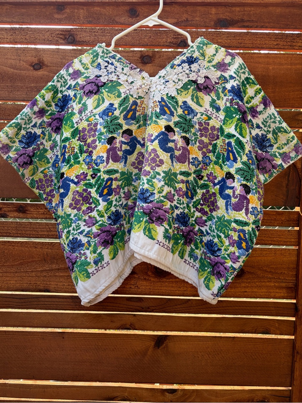 Vintage Embroidered Floral Huipil - Purple & Green